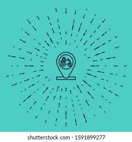 Black line Tractor and location icon isolated on green background. Abstract circle random dots. Vector Illustration