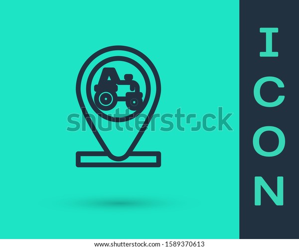 Black line Tractor and location icon\
isolated on green background.  Vector\
Illustration