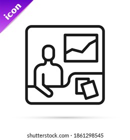 Black line Trading course icon with teacher and chart isolated on white background. Distance learning finance management, buying and selling assets in the stock markets.  Vector