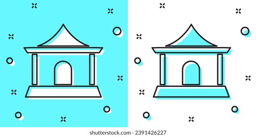 Black line Traditional chinese house icon isolated on green and white background. Random dynamic shapes. Vector
