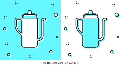 Black line Traditional Chinese tea ceremony icon isolated on green and white background. Teapot with cup. Random dynamic shapes. Vector