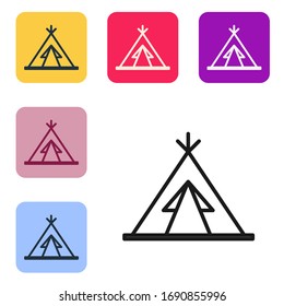 Black line Traditional indian teepee or wigwam icon isolated on white background. Indian tent. Set icons in color square buttons. Vector Illustration