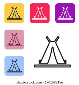Black line Traditional indian teepee or wigwam icon isolated on white background. Indian tent. Set icons in color square buttons. Vector Illustration