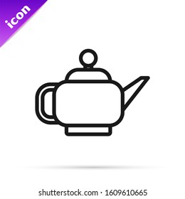 Black line Traditional Japanese tea ceremony icon isolated on white background. Teapot with cup.  Vector Illustration