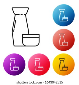 Black line Traditional Japanese tea ceremony icon isolated on white background. Teapot with cup. Set icons colorful circle buttons. Vector Illustration