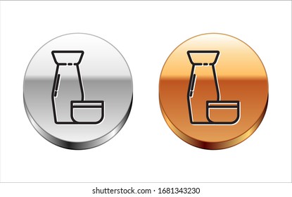 Black line Traditional Japanese tea ceremony icon isolated on white background. Teapot with cup. Silver-gold circle button. Vector Illustration