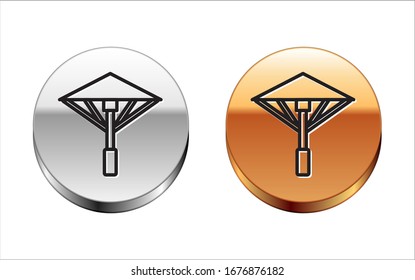 Black line Traditional Japanese umbrella from the sun icon isolated on white background. Silver-gold circle button. Vector Illustration