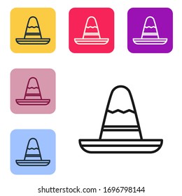 Black line Traditional mexican sombrero hat icon isolated on white background. Set icons in color square buttons. Vector Illustration