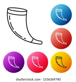 Black line Traditional ram horn, shofar icon isolated on white background. Rosh hashanah, jewish New Year holiday traditional symbol. Set icons colorful circle buttons. Vector Illustration