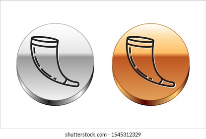 Black line Traditional ram horn, shofar icon isolated on white background. Rosh hashanah, jewish New Year holiday traditional symbol. Silver-gold circle button. Vector Illustration