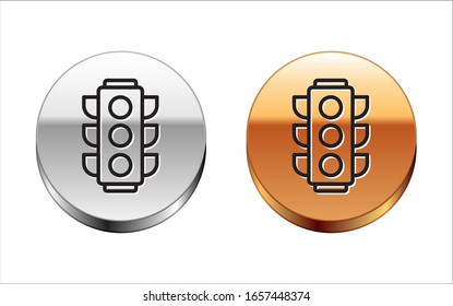 Black line Traffic light icon isolated on white background. Silver-gold circle button. Vector Illustration