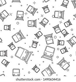 Black line Train icon isolated seamless pattern on white background. Public transportation symbol. Subway train transport. Metro underground.  Vector Illustration