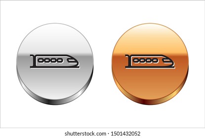 Black line Train icon isolated on white background. Public transportation symbol. Subway train transport. Metro underground. Silver-gold circle button. Vector Illustration