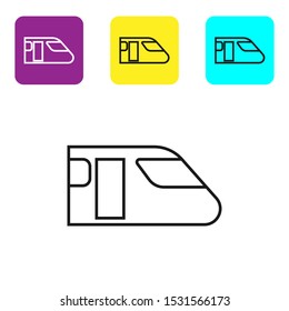 Black line Train icon isolated on white background. Public transportation symbol. Subway train transport. Metro underground. Set icons colorful square buttons. Vector Illustration