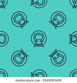 Black line Train and railway icon isolated seamless pattern on green background. Public transportation symbol. Subway train transport. Metro underground.  Vector