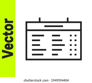 Black line Train station board icon isolated on white background. Mechanical scoreboard. Info of flight on the billboard in the train.  Vector