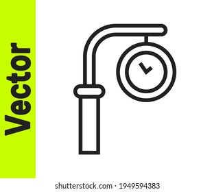 Black line Train station clock icon isolated on white background.  Vector