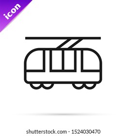 Black line Tram and railway icon isolated on white background. Public transportation symbol.  Vector Illustration