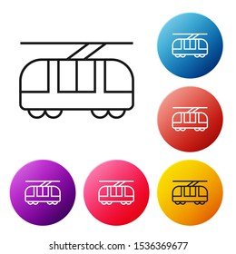 Black line Tram and railway icon isolated on white background. Public transportation symbol. Set icons colorful circle buttons. Vector Illustration
