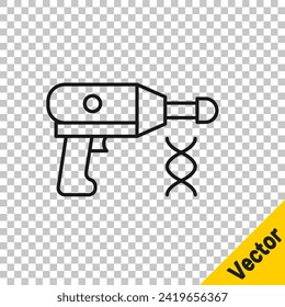 Schwarze Linie Transfer Flüssigpistole in biologischem Labor Symbol einzeln auf transparentem Hintergrund.  Vektorgrafik