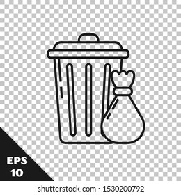 Black line Trash can and garbage bag icon isolated on transparent background. Garbage bin sign. Recycle basket icon. Office trash icon.  Vector Illustration