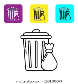 Black line Trash can and garbage bag icon isolated on white background. Garbage bin sign. Recycle basket icon. Office trash icon. Set icons colorful square buttons. Vector Illustration