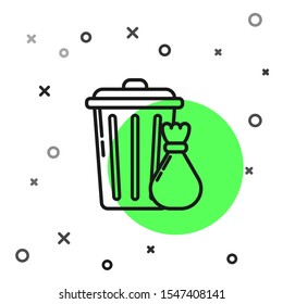 Black line Trash can and garbage bag icon isolated on white background. Garbage bin sign. Recycle basket icon. Office trash icon.  Vector Illustration