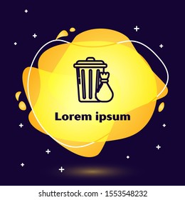 Black line Trash can and garbage bag icon isolated on dark blue background. Garbage bin sign. Recycle basket icon. Office trash icon. Abstract banner with liquid shapes. Vector Illustration