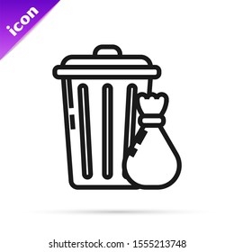 Black line Trash can and garbage bag icon isolated on white background. Garbage bin sign. Recycle basket icon. Office trash icon.  Vector Illustration