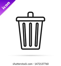 Black line Trash can icon isolated on white background. Garbage bin sign. Recycle basket icon. Office trash icon.  Vector Illustration