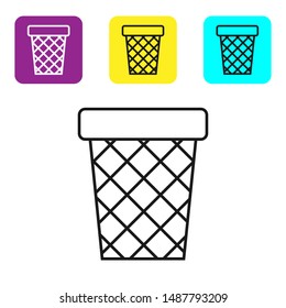 Black line Trash can icon isolated on white background. Garbage bin sign. Recycle basket icon. Office trash icon. Set icons colorful square buttons. Vector Illustration
