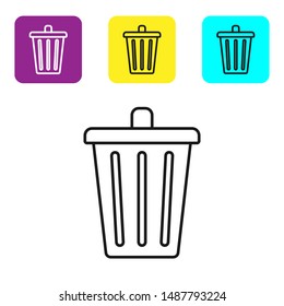 Black line Trash can icon isolated on white background. Garbage bin sign. Recycle basket icon. Office trash icon. Set icons colorful square buttons. Vector Illustration