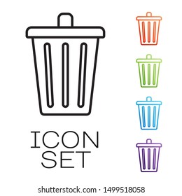 Black line Trash can icon isolated on white background. Garbage bin sign. Recycle basket icon. Office trash icon. Set icons colorful. Vector Illustration