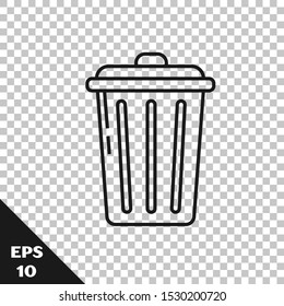 Black Line Trash Can Icon Isolated On Transparent Background. Garbage Bin Sign. Recycle Basket Icon. Office Trash Icon.  Vector Illustration