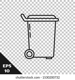 Black line Trash can icon isolated on transparent background. Garbage bin sign. Recycle basket icon. Office trash icon.  Vector Illustration