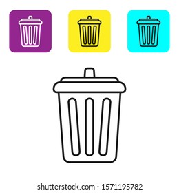 Black line Trash can icon isolated on white background. Garbage bin sign. Recycle basket icon. Office trash icon. Set icons colorful square buttons. Vector Illustration