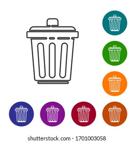 Black line Trash can icon isolated on white background. Garbage bin sign. Recycle basket icon. Office trash icon. Set icons in color circle buttons. Vector Illustration