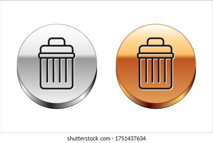 Black line Trash can icon isolated on white background. Garbage bin sign. Recycle basket icon. Office trash icon. Silver-gold circle button. Vector Illustration