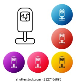 Schwarzer Strich-Abfall kann Symbol einzeln auf weißem Hintergrund. Mülleimer-Schild. Korbsymbol wiederverwenden. Büroschrottsymbol. Stellen Sie die Symbole bunter Kreis-Schaltflächen ein. Vektorgrafik