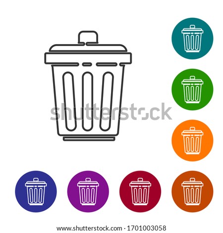 Black line Trash can icon isolated on white background. Garbage bin sign. Recycle basket icon. Office trash icon. Set icons in color circle buttons. Vector Illustration