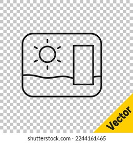 Black line Travel postcard icon isolated on transparent background. Tourist greeting card.  Vector