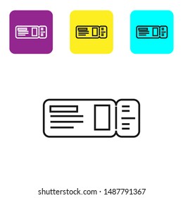 Black line Travel ticket icon isolated on white background. Train, ship, plane, tram, bus transport. Travel service concept. Set icons colorful square buttons. Vector Illustration