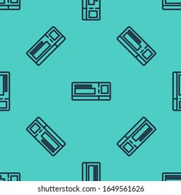 Black line Travel ticket icon isolated seamless pattern on green background. Train, ship, plane, tram, bus transport. Travel service concept.  Vector Illustration