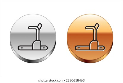 Icono de la máquina Treadmill de línea negra aislado en fondo blanco. Botón de círculo dorado plateado. Vector