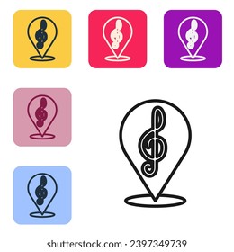 Icono de la línea negra Treble clef aislado en fondo blanco. Establezca iconos en los botones cuadrados de color. Vector