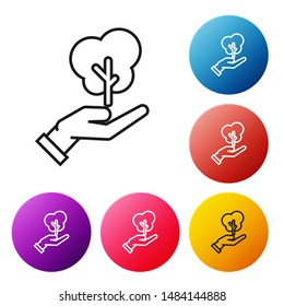 Black line Tree in hand of environmental protection icon isolated on white background. Seed and seedling. Planting sapling. Ecology concept. Set icons colorful circle buttons. Vector Illustration