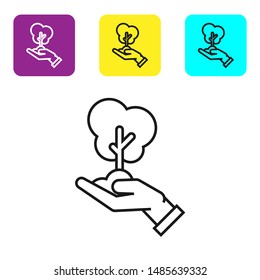 Black line Tree in hand of environmental protection icon isolated on white background. Seed and seedling. Planting sapling. Ecology concept. Set icons colorful square buttons. Vector Illustration
