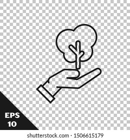 Black line Tree in hand of environmental protection icon isolated on transparent background. Seed and seedling. Planting sapling. Ecology concept.  Vector Illustration