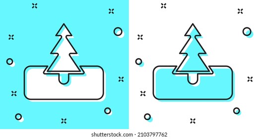 Black line Tree icon isolated on green and white background. Forest symbol. Random dynamic shapes. Vector