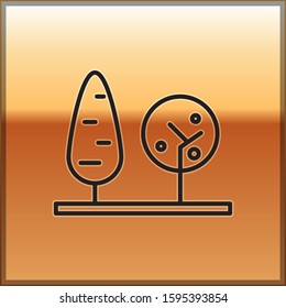 Black line Trees icon isolated on gold background. Forest symbol.  Vector Illustration
